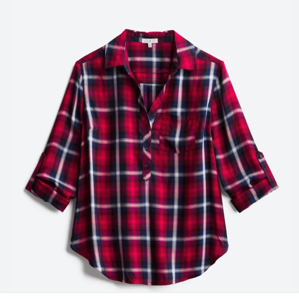 Lila Li Catena Henley red plaid button down shirt